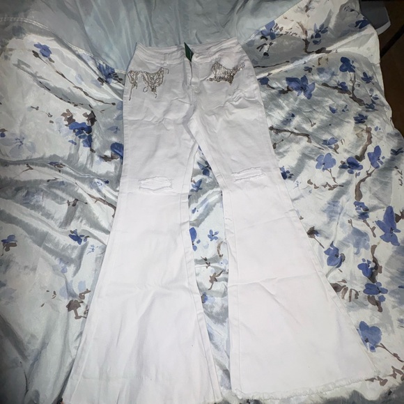White Flared Jeans with Embellishments - Picture 1 of 8